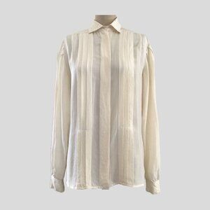 Vintage 1980s Classic Ivory Neutral Silk Pleated Long Sleeve Blouse Top - S